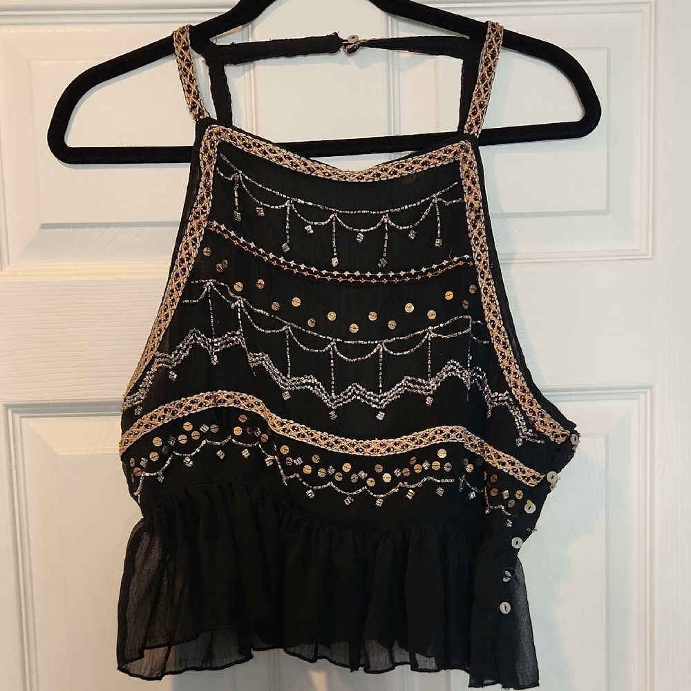 Free People Black and Gold Embellished Blouse
